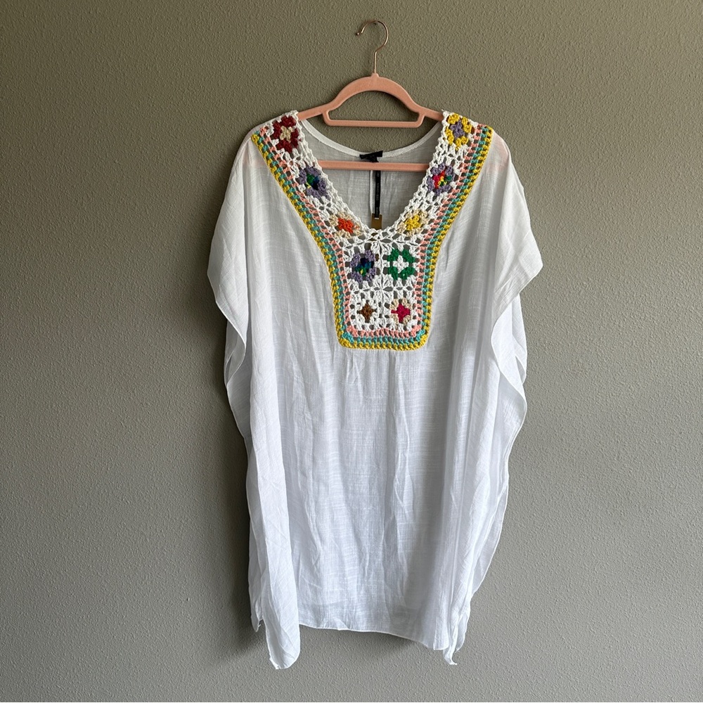 Coco + Carmen White Crochet-Neck Swim Coverup with Multicolor Accents